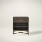 A 26-inch dark wood nightstand with one drawer, two open shelves, and a bronze-finished metal base with X-cross detailing.