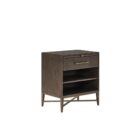 A 26-inch dark wood nightstand with one drawer, two open shelves, and a bronze-finished metal base with X-cross detailing.