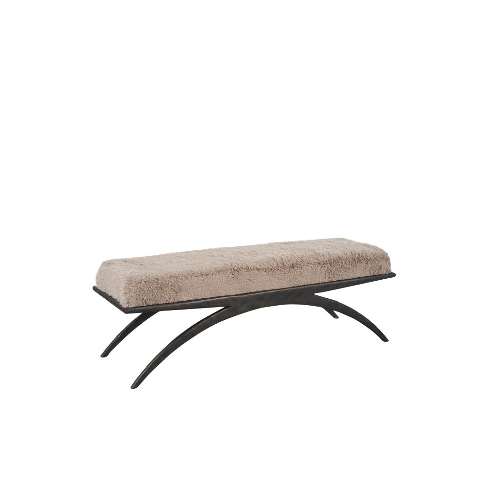 Modern bench with plush taupe cushion and sculptural black arched base.