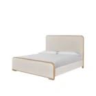 A contemporary upholstered bed with soft cream fabric panels framed by light natural wood, featuring rounded corners and a modern profile.