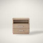 A modern nightstand in a light natural wood finish with two drawers, a sleek silver handle design, and an open storage shelf.