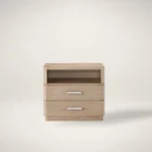 A modern nightstand in a light natural wood finish with two drawers, a sleek silver handle design, and an open storage shelf.