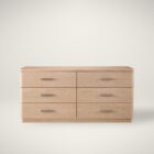 A modern six-drawer dresser in a light natural wood finish with clean lines and sleek silver hardware.