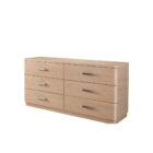 A modern six-drawer dresser in a light natural wood finish with clean lines and sleek silver hardware.