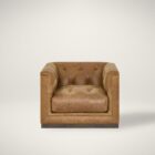 Square tufted leather swivel chair with deep seat and modern silhouette.