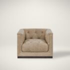 Square tufted leather swivel chair with deep seat and modern silhouette.