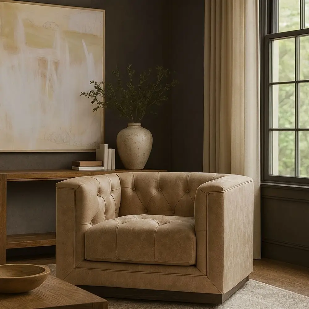 Square tufted leather swivel chair with deep seat and modern silhouette.