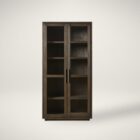 Dark wood storage cabinet with glass-front double doors and interior shelving.