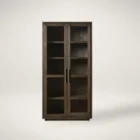 Dark wood storage cabinet with glass-front double doors and interior shelving.
