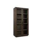 Dark wood storage cabinet with glass-front double doors and interior shelving.