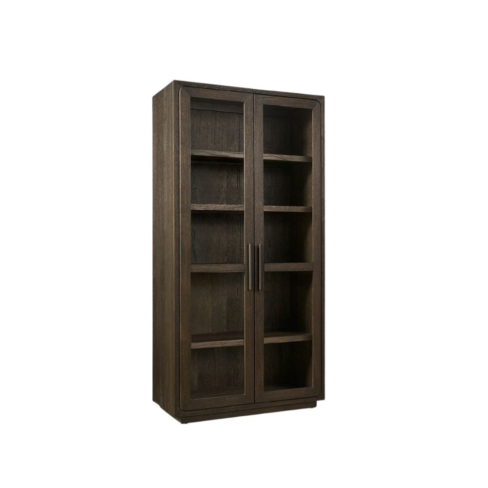 Dark wood storage cabinet with glass-front double doors and interior shelving.