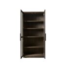 Dark wood storage cabinet with glass-front double doors and interior shelving.