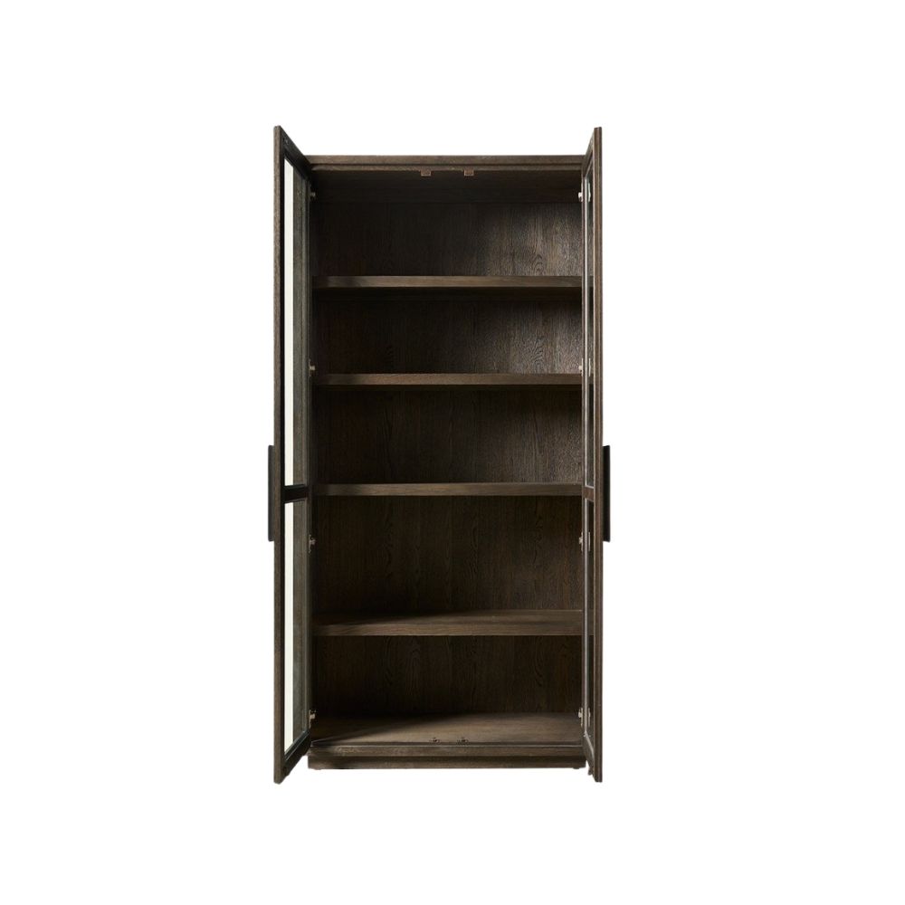 Dark wood storage cabinet with glass-front double doors and interior shelving.