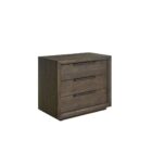 A dark wood nightstand with three drawers, slim black metal handles, and a bold plinth base for a modern grounded look.