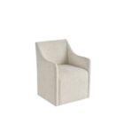 Contemporary upholstered dining chair in soft neutral fabric with clean lines, low arms, and a fully skirted base.