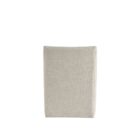 Contemporary upholstered dining chair in soft neutral fabric with clean lines, low arms, and a fully skirted base.