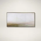 Panoramic landscape artwork depicting a hazy lakeside scene with muted tones of soft white, beige, and earthy greens, framed in a slim border.