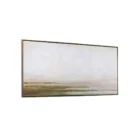 Panoramic landscape artwork depicting a hazy lakeside scene with muted tones of soft white, beige, and earthy greens, framed in a slim border.
