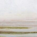 Panoramic landscape artwork depicting a hazy lakeside scene with muted tones of soft white, beige, and earthy greens, framed in a slim border.