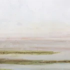 Panoramic landscape artwork depicting a hazy lakeside scene with muted tones of soft white, beige, and earthy greens, framed in a slim border.