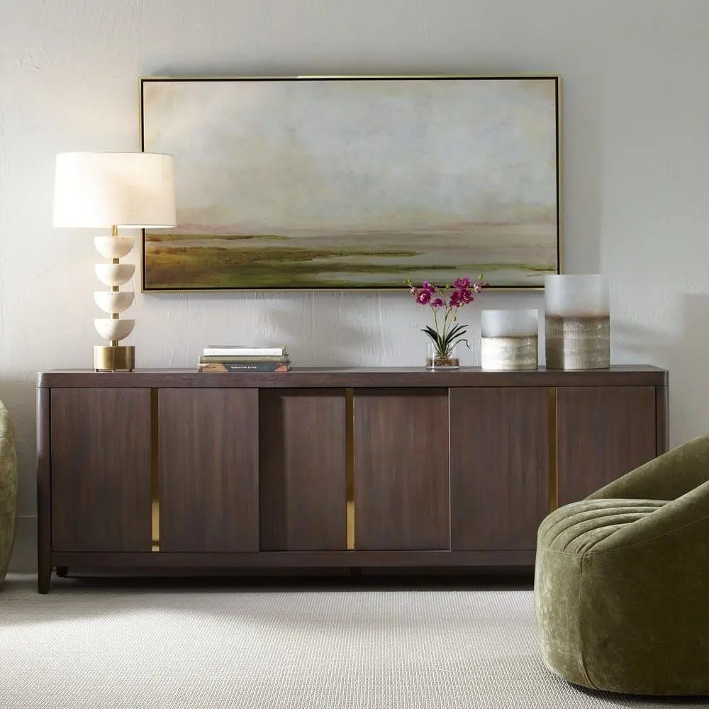 Panoramic landscape artwork depicting a hazy lakeside scene with muted tones of soft white, beige, and earthy greens, framed in a slim border.