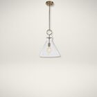 Modern sconce with a clear glass cone shade, antique brass accents, and an exposed bulb design.