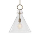 Modern sconce with a clear glass cone shade, antique brass accents, and an exposed bulb design.