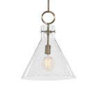Modern sconce with a clear glass cone shade, antique brass accents, and an exposed bulb design.