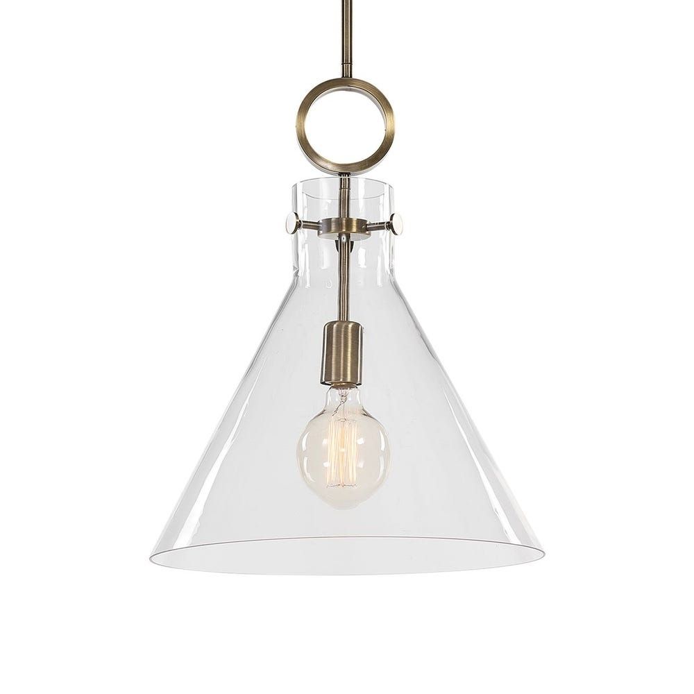 Modern sconce with a clear glass cone shade, antique brass accents, and an exposed bulb design.