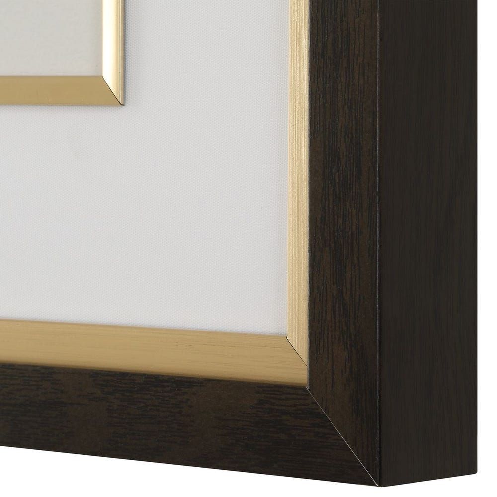 Set of six framed botanical orchid prints in soft, natural colors with dark wood frames and white mats.