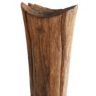 Tall handcrafted wooden sculpture with natural grain and geometric carved detailing.