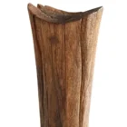 Tall handcrafted wooden sculpture with natural grain and geometric carved detailing.