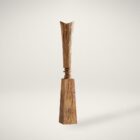 Tall handcrafted wooden sculpture with natural grain and geometric carved detailing.