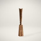 Tall handcrafted wooden sculpture with natural grain and geometric carved detailing.