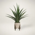 Artificial agave tree in a modern beige pot with wooden stand.