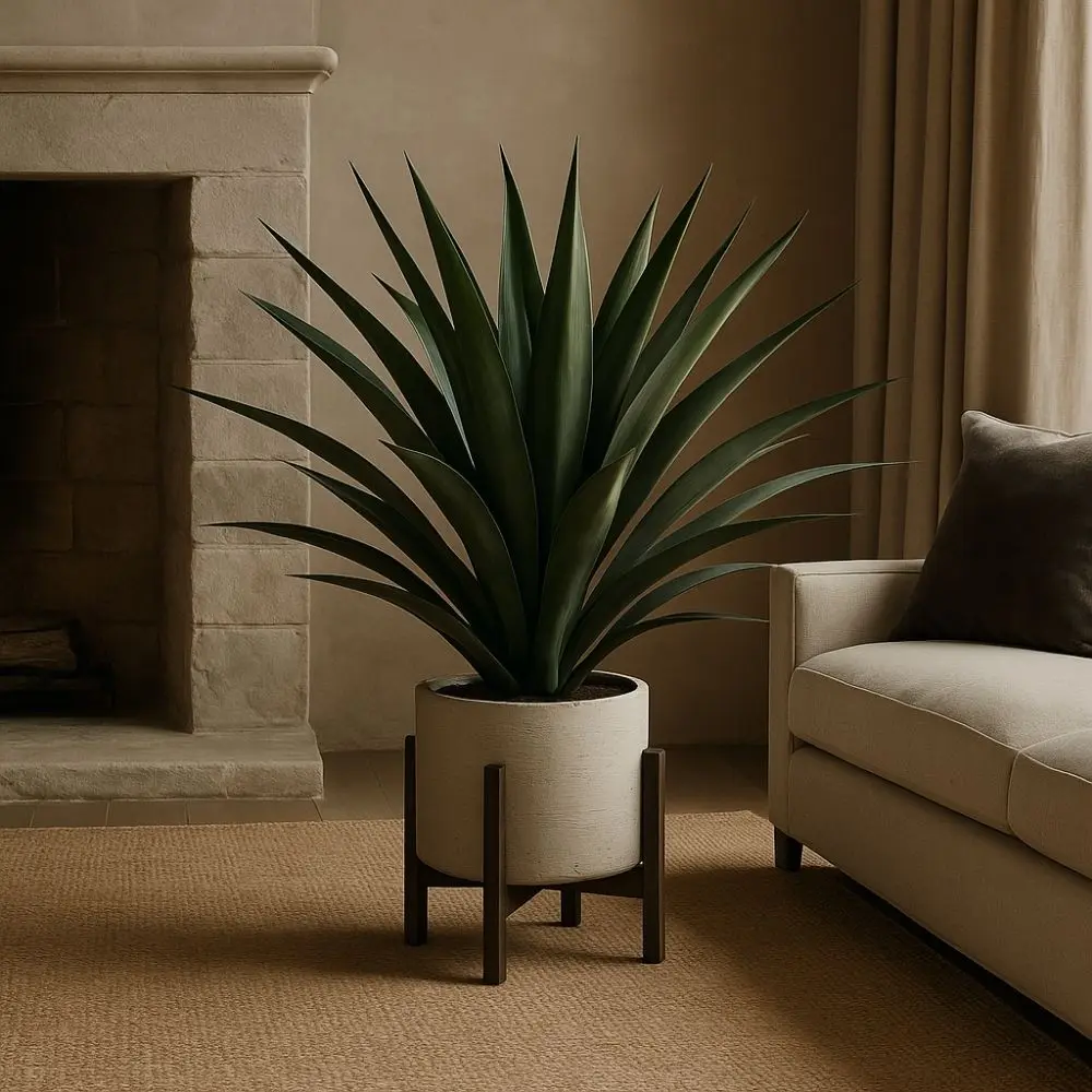 Artificial agave tree in a modern beige pot with wooden stand.