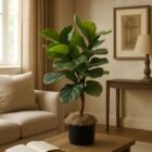 Artificial fiddle leaf plant with broad green leaves in a black pot topped with natural moss.