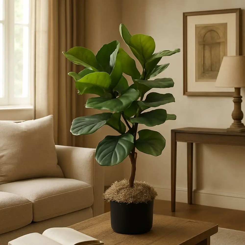 Artificial fiddle leaf plant with broad green leaves in a black pot topped with natural moss.