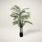 Artificial palm plant with tall green fronds in a black pot.