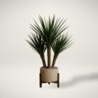 Artificial yucca restrata plant in a textured beige pot with wooden stand.