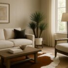 Artificial yucca restrata plant in a textured beige pot with wooden stand.