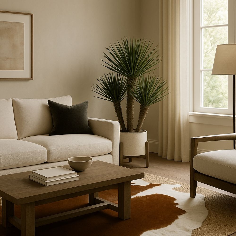 Artificial yucca restrata plant in a textured beige pot with wooden stand.