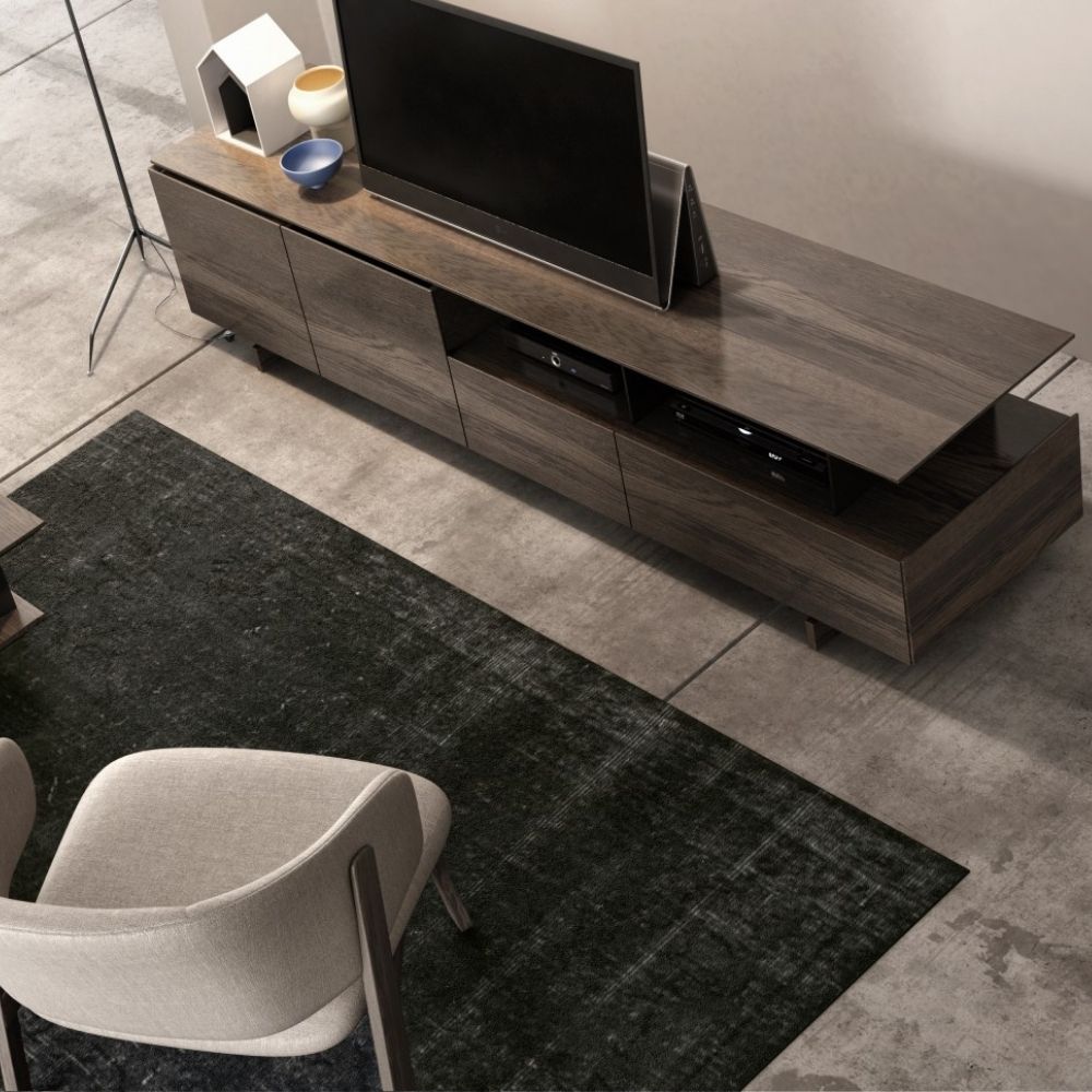 Huppรฉ Agora wood veneer media stand with sliding doors and open shelving