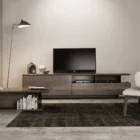 Huppé Agora wood veneer media stand with sliding doors and open shelving