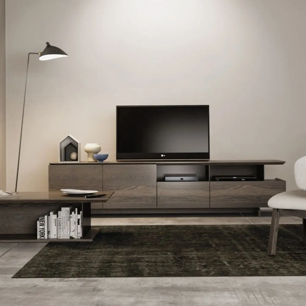 Huppé Agora wood veneer media stand with sliding doors and open shelving