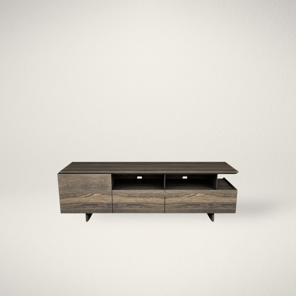 HP AGORA MEDIA STAND 4751 Huppรฉ Agora wood veneer media stand with sliding doors and open shelving