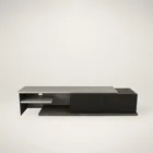 Huppé Inverse modern media stand in two-tone wood and lacquer finish with asymmetrical shelving and concealed storage.