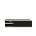 Huppé Inverse modern media stand in two-tone wood and lacquer finish with asymmetrical shelving and concealed storage.