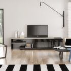 Huppé Inverse modern media stand in two-tone wood and lacquer finish with asymmetrical shelving and concealed storage.