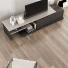 Huppé Inverse modern media stand in two-tone wood and lacquer finish with asymmetrical shelving and concealed storage.